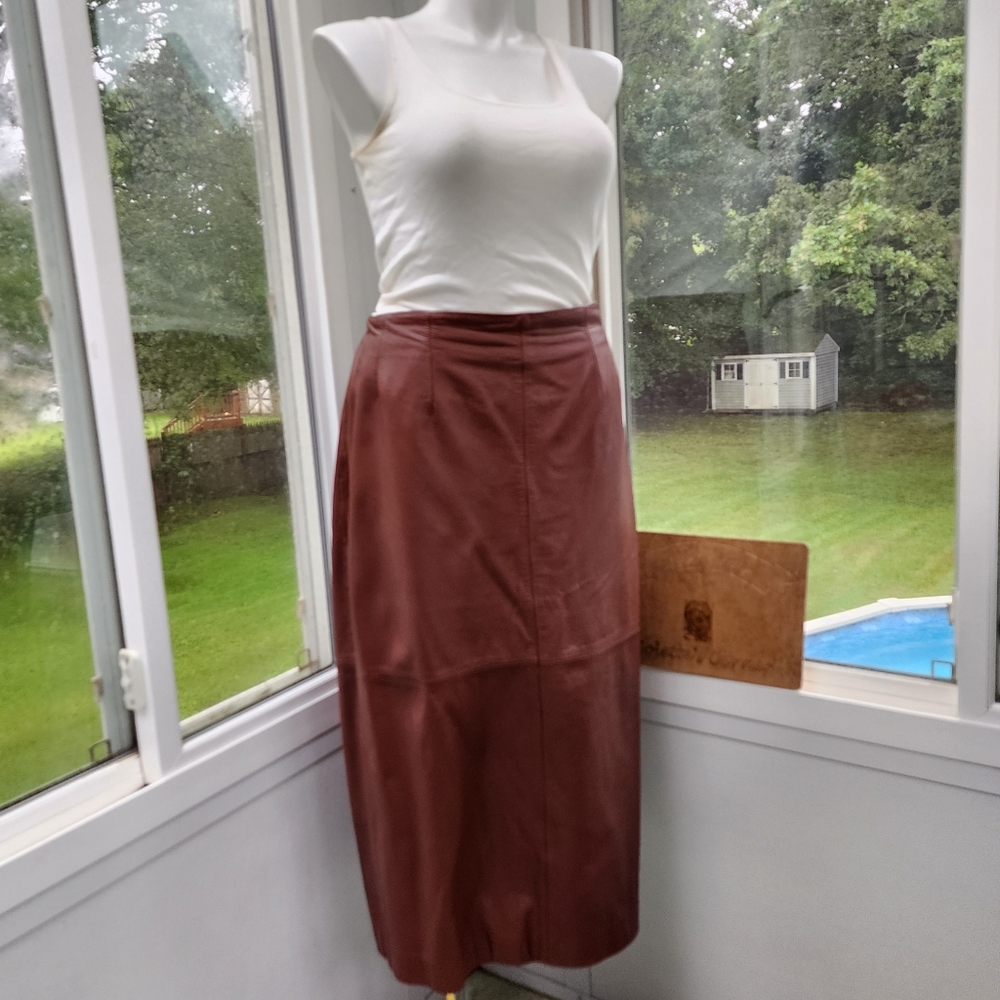 Spiegal Cognac Brown Real Leather Straight Maxi Skirt - Picture 16 of 17